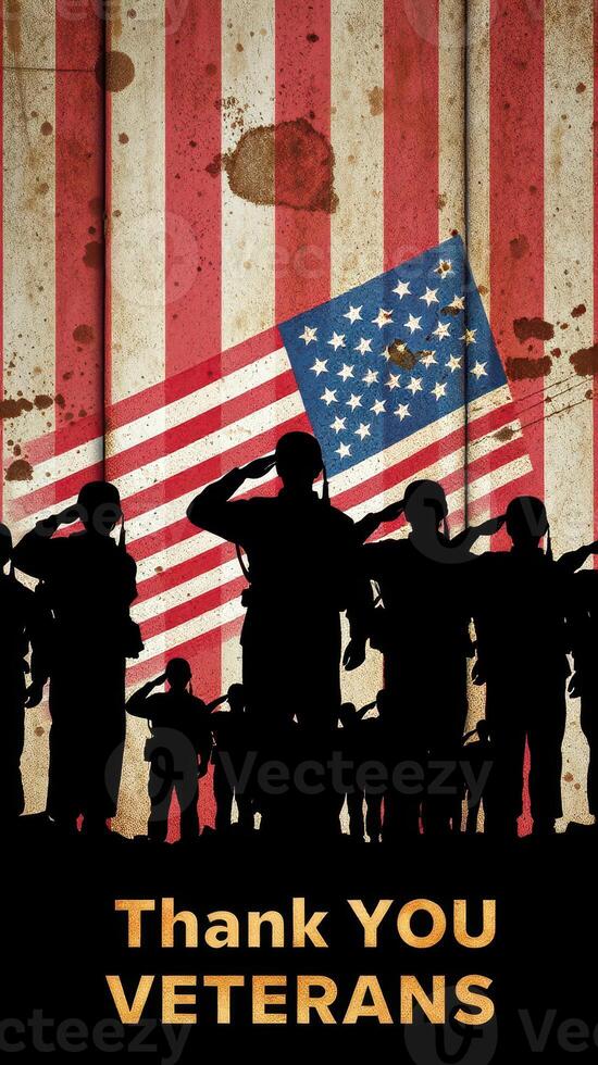 Silhouetted soldiers salute in front of a patriotic backdrop during a Veterans Day commemoration event photo