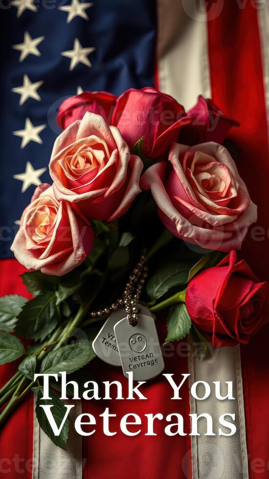 Roses and dog tags arranged in tribute to veterans against a backdrop of the American flag photo