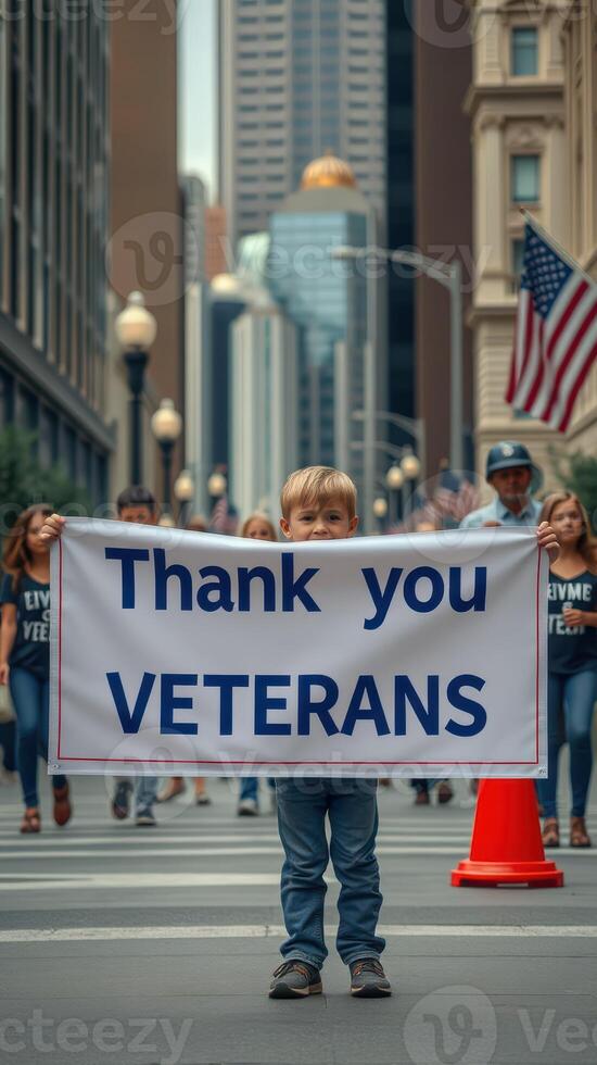 Child holds thank you veterans sign during bustling city parade for Memorial Day celebration photo