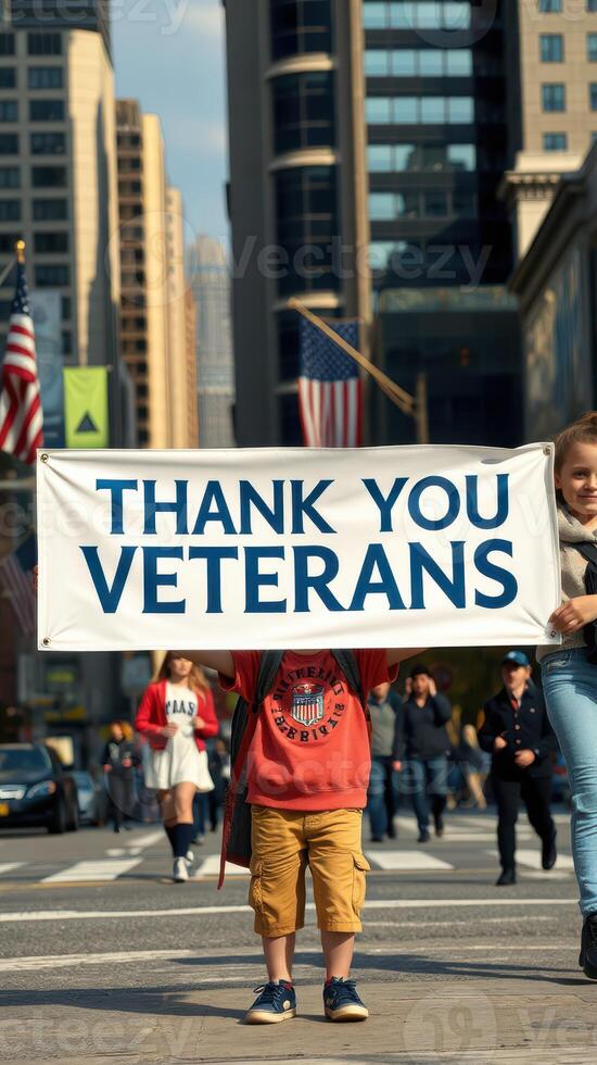 Young child and adult hold banner in city to express gratitude for veterans during a public celebration event photo