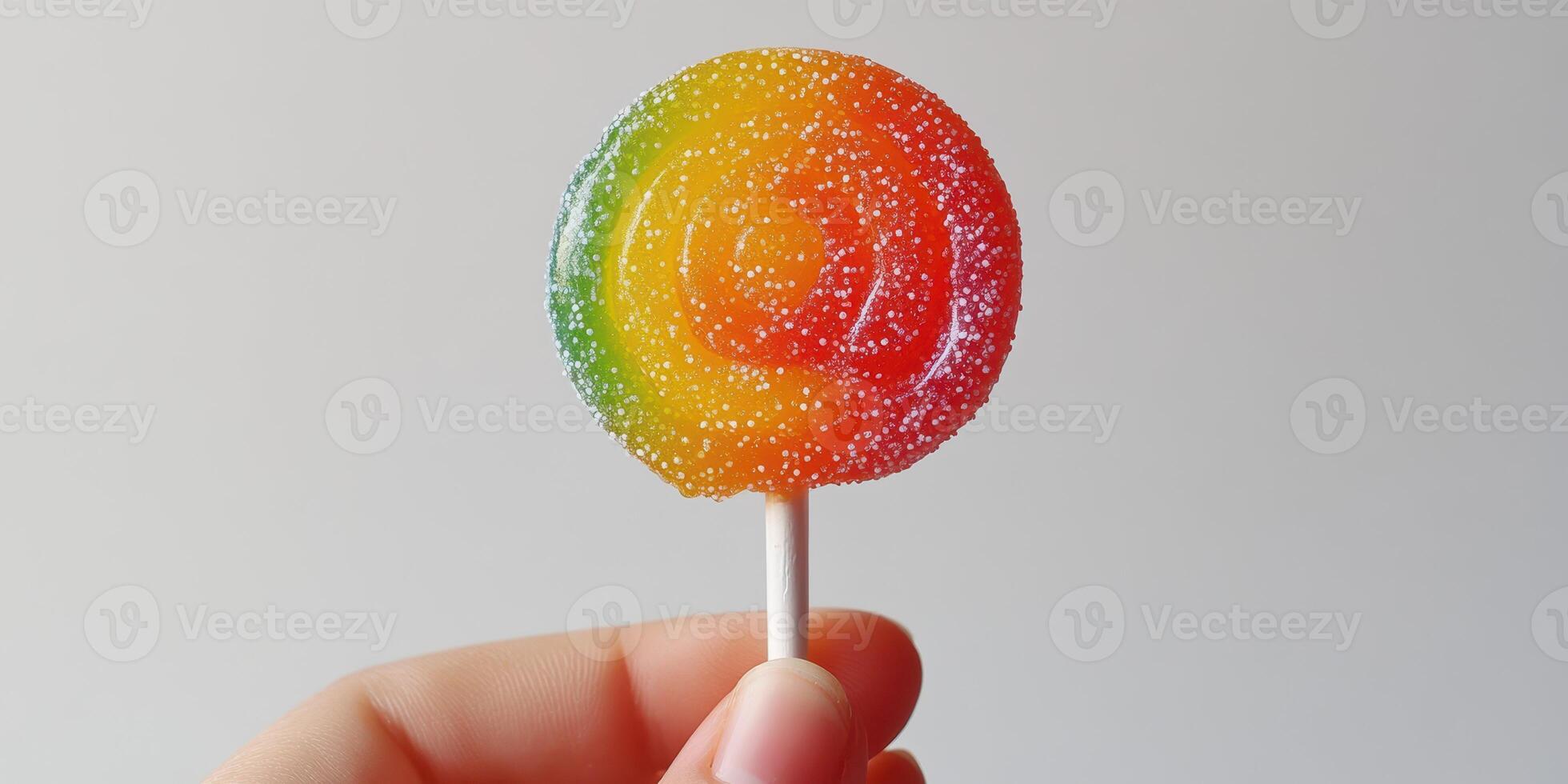 Colorful lollipop held by a hand with a bright background during daytime photo