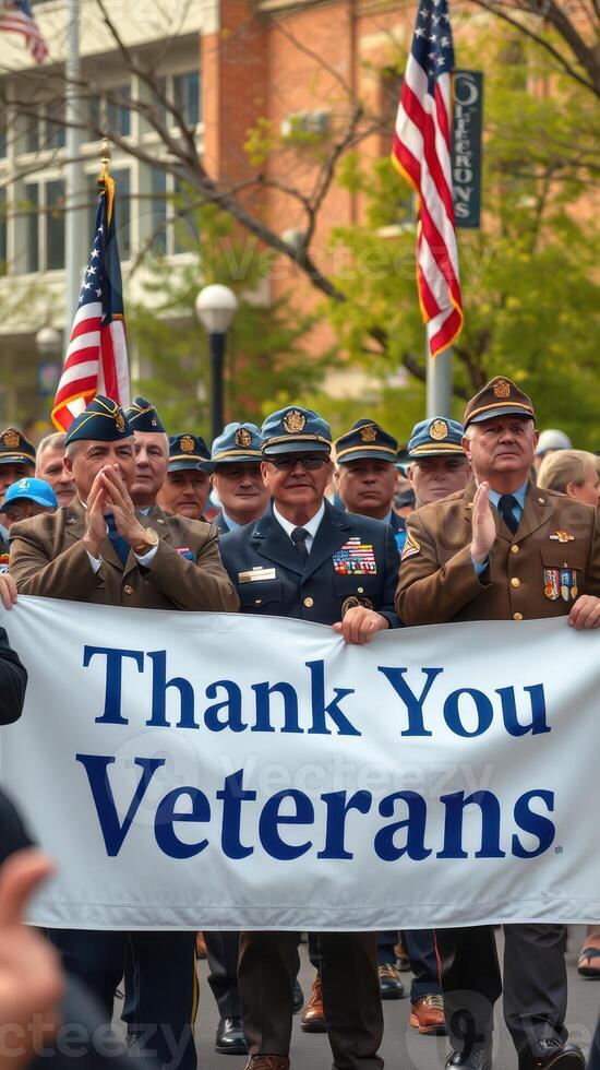 Honoring veterans at a parade with gratitude in a vibrant downtown setting during a clear autumn day photo