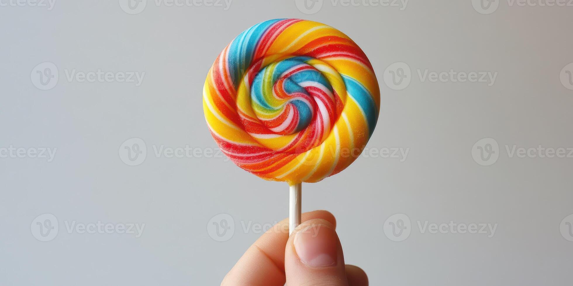 Brightly colored swirl lollipop held by a hand against a neutral background in a playful, fun setting photo
