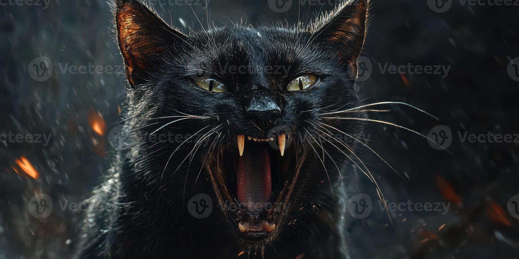 Black cat growling fiercely in a dark, stormy atmosphere with glowing eyes and bared teeth photo