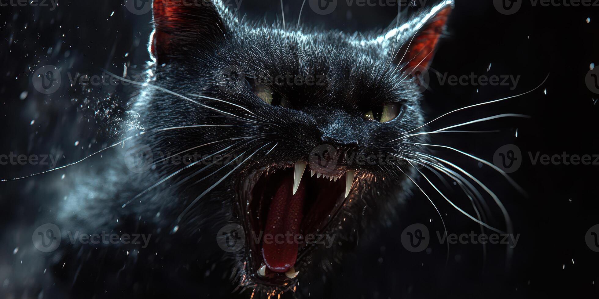 Mysterious black cat with glowing eyes and bared fangs stands out against a dark background photo