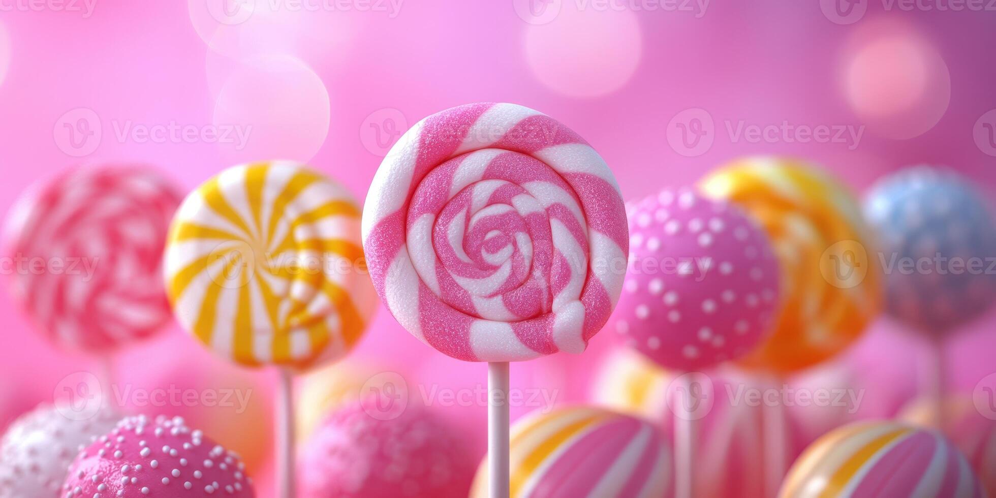Colorful lollipops arranged beautifully on a stick against a vibrant pink background with a sugary theme photo