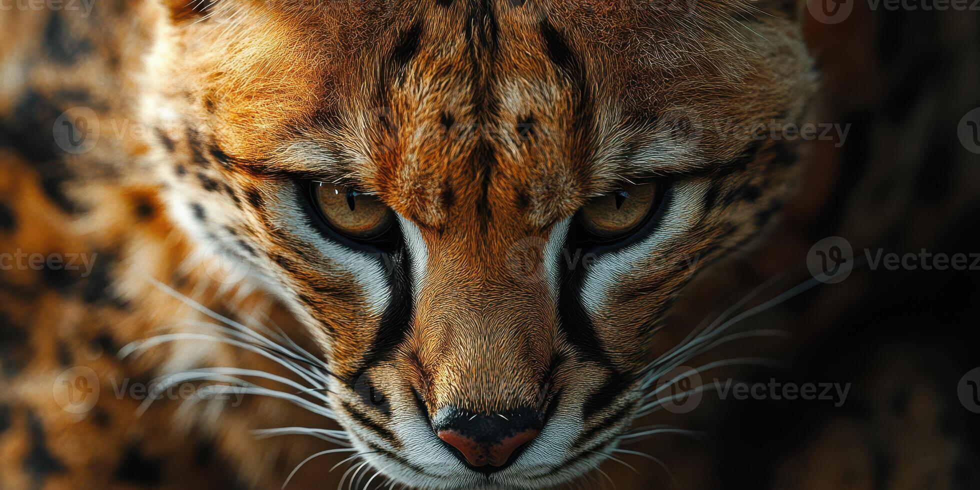 Close view of a focused wild cat in a natural setting during daylight, showcasing distinct fur pattern and sharp gaze photo
