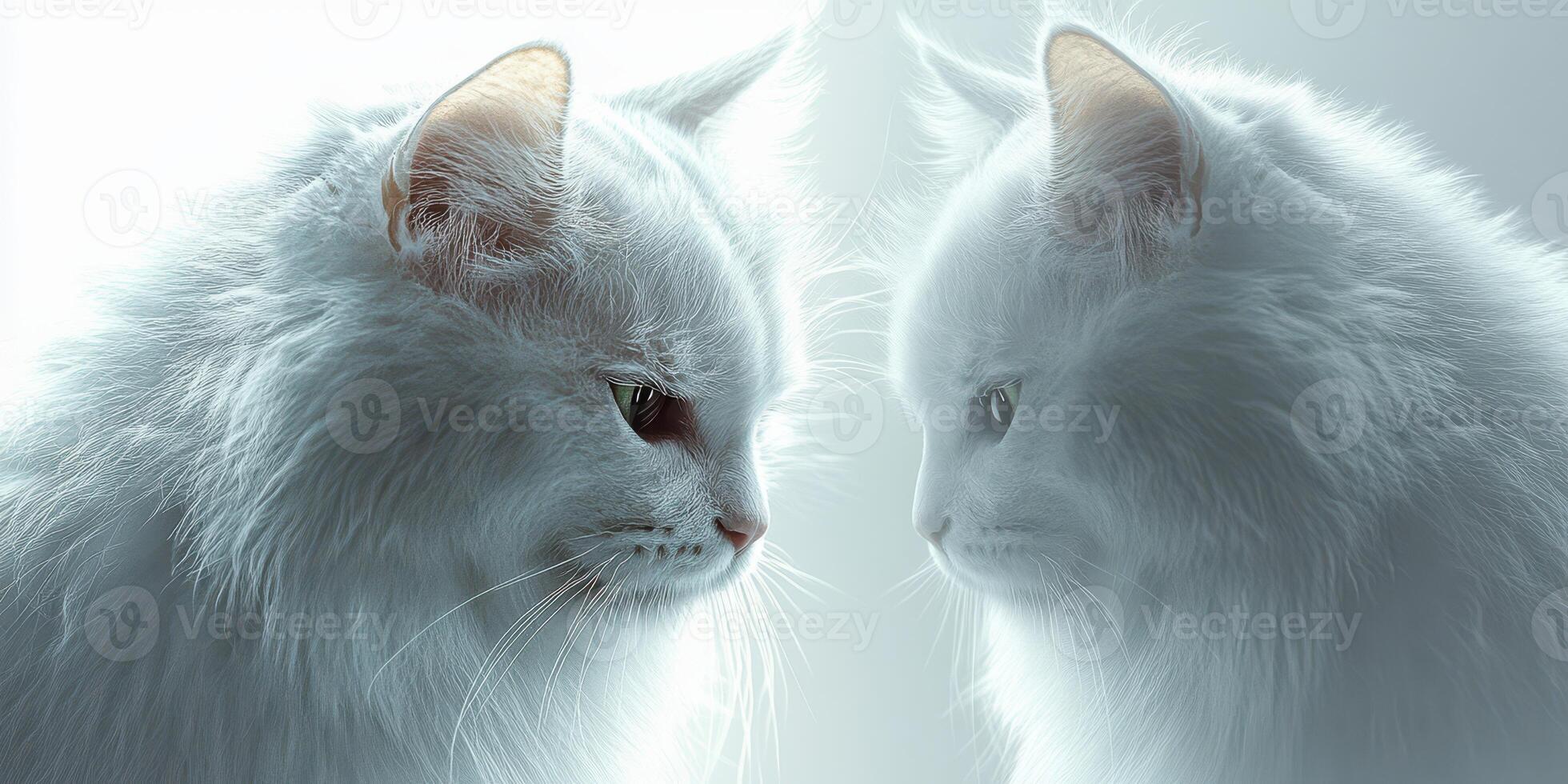 Two white fluffy cats facing each other in a soft, glowing light at a quiet indoor setting photo