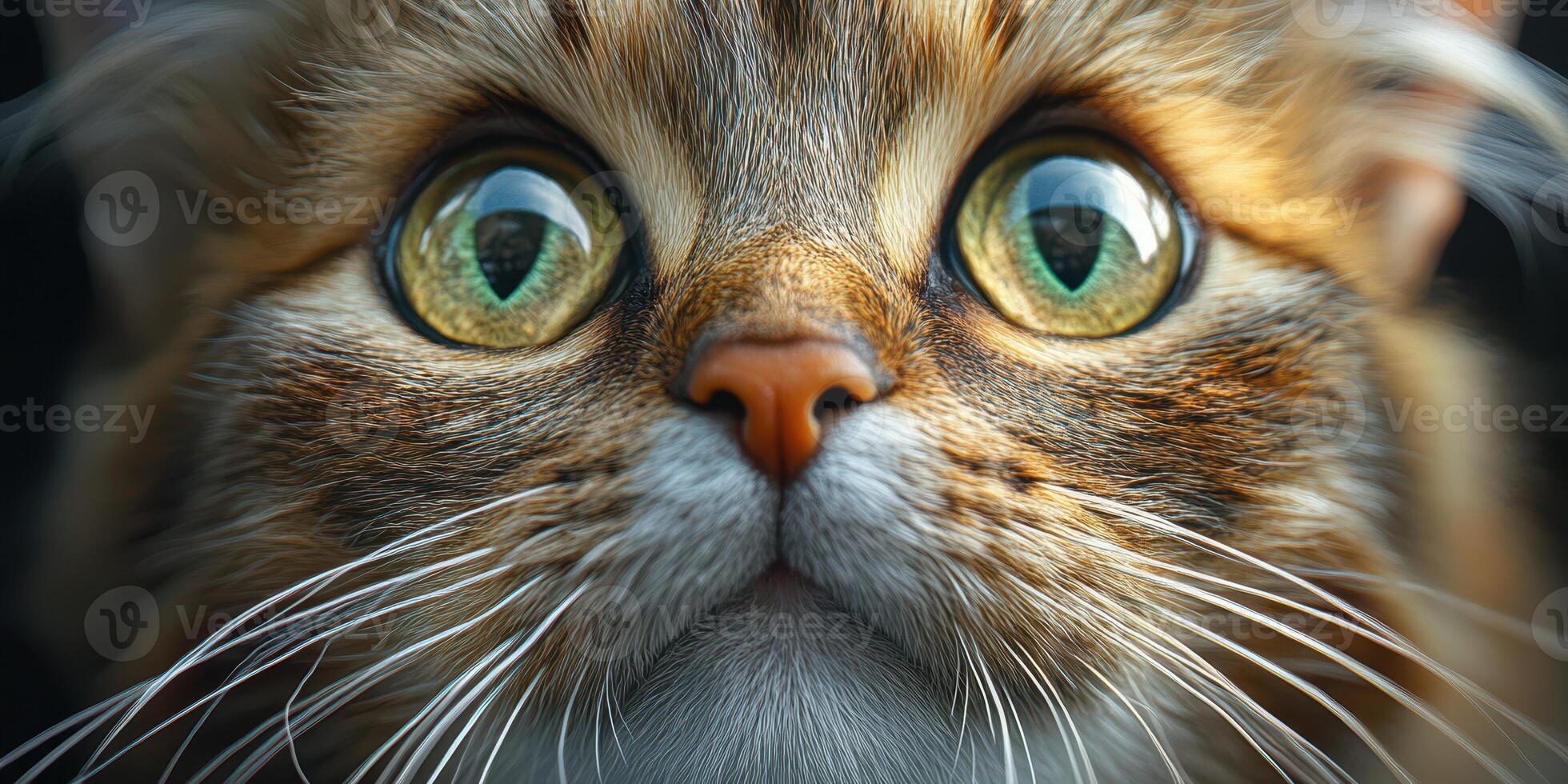 Close-up of a fluffy cat with striking green eyes gazing curiously in soft light indoors photo
