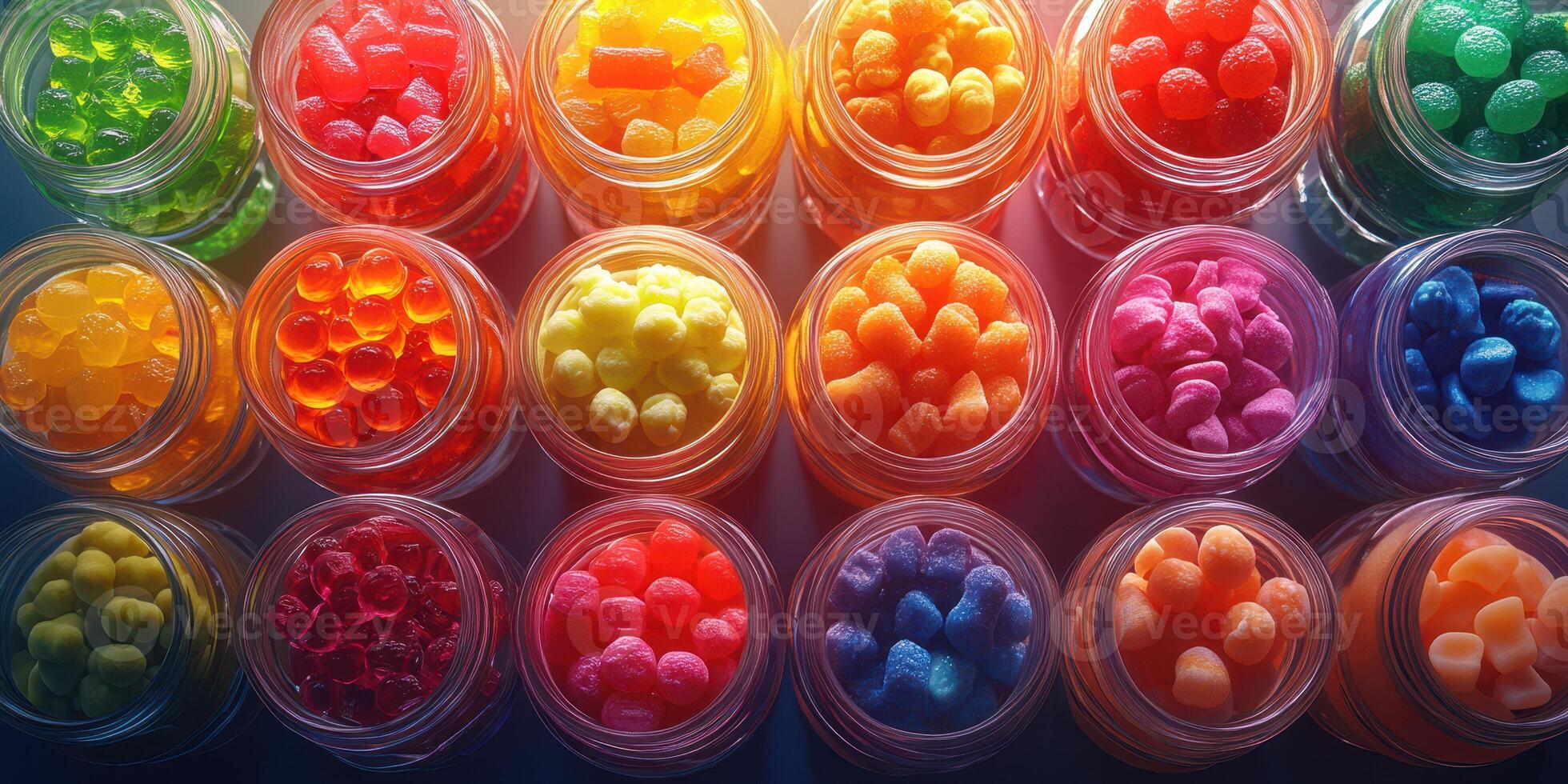 Colorful assortment of gummy candies in jars displayed on a vibrant market table photo