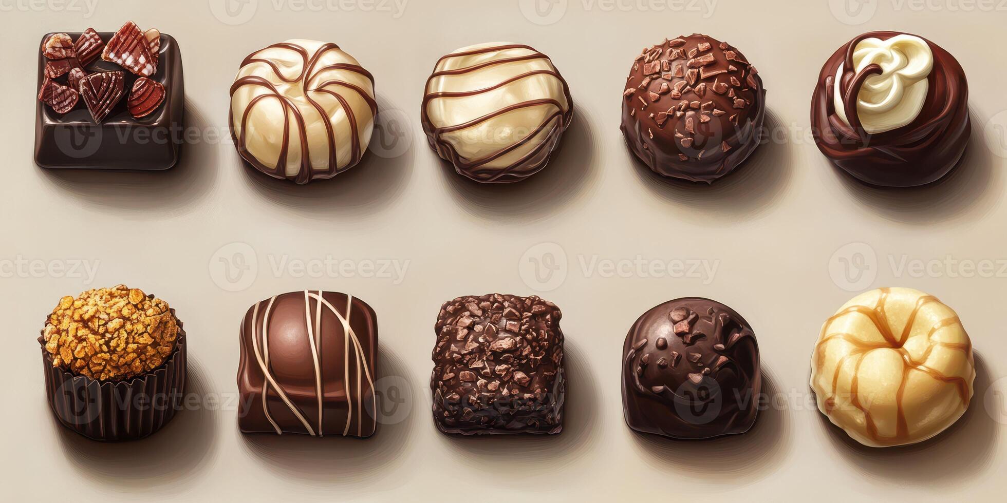 Delicious assortment of assorted chocolates displayed in a tempting arrangement on a neutral background photo