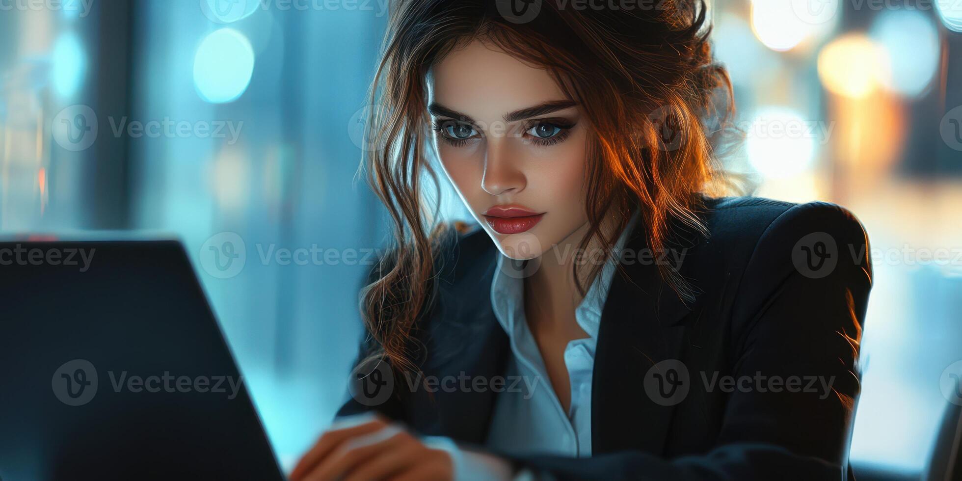 Focused professional working on a laptop in a modern office at night with ambient lighting photo