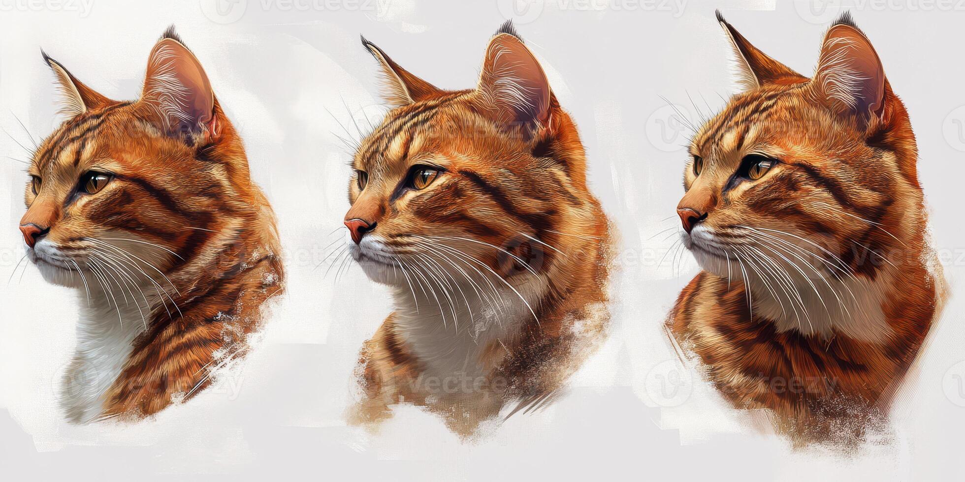Detailed illustrations of a domestic cat displaying unique fur patterns and expressions in a soft, artistic style capturing its beauty and charm photo