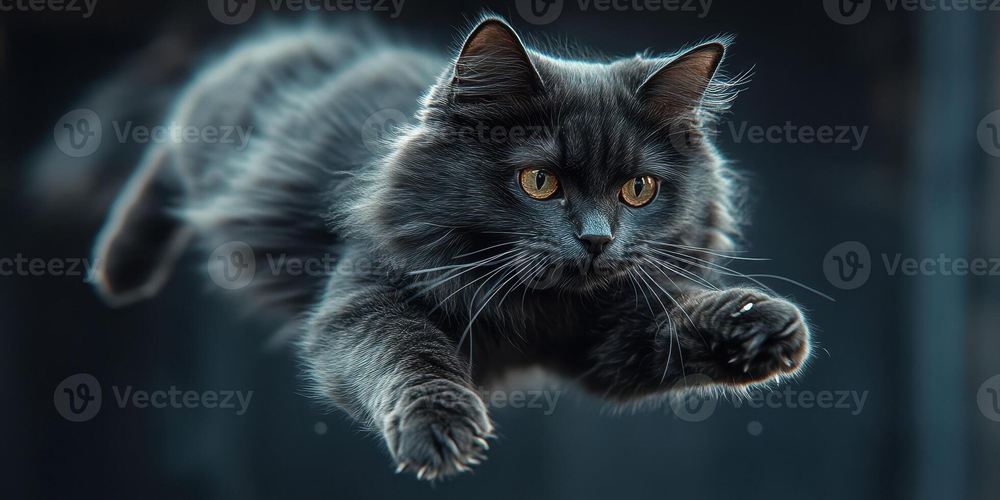 Black cat leaps through the air in a dramatic jump with expressive features and graceful movement photo