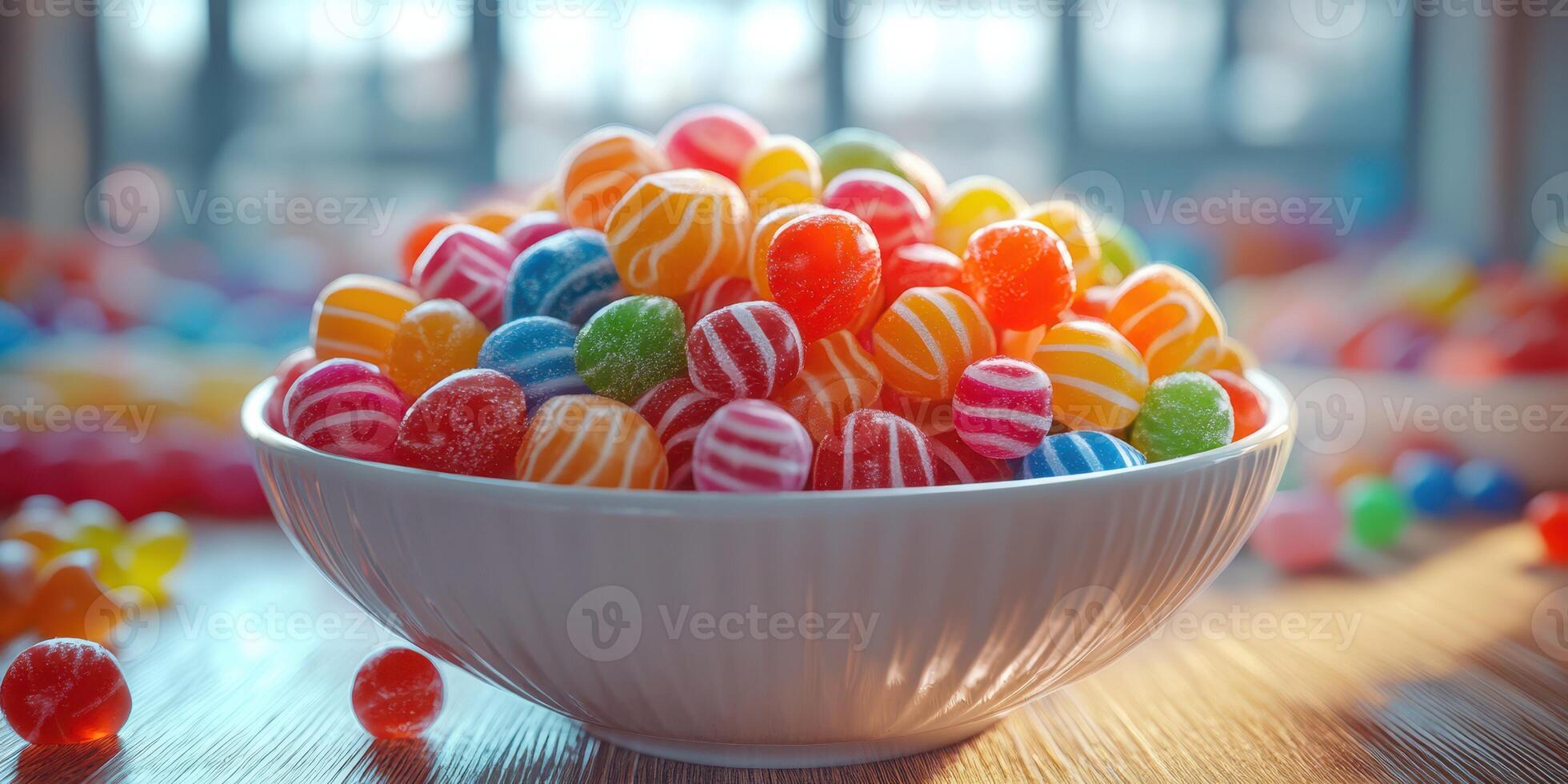 Colorful candy assortment in a bowl on a wooden surface with bright background lighting photo