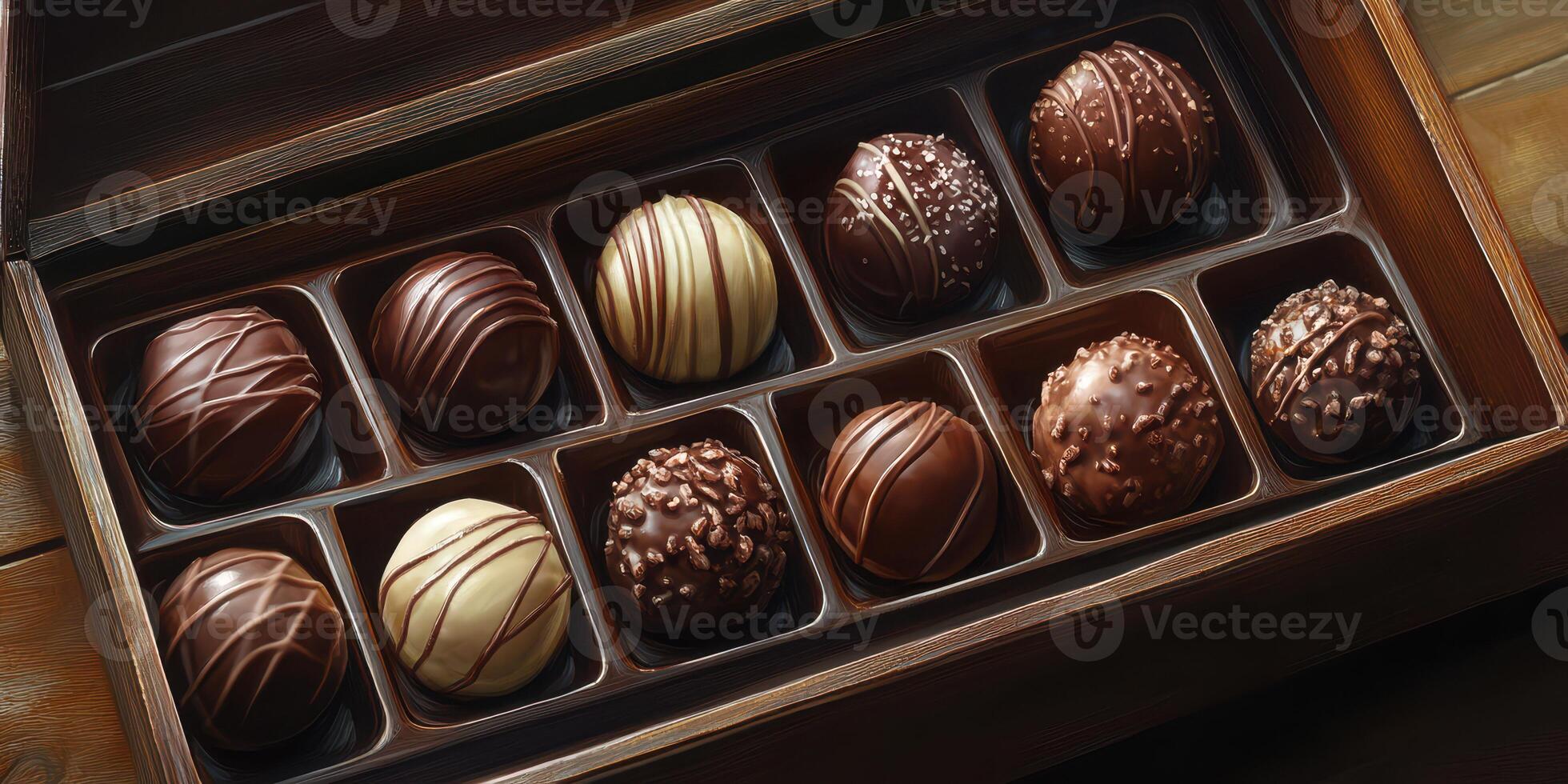 Assorted handmade chocolates displayed in a wooden box with intricate designs and various toppings enjoyed at a special occasion photo