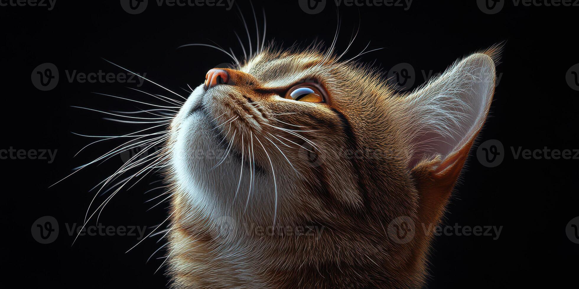 Cat gazing upward with curiosity in a dimly lit setting, showcasing expressive features and a serene posture photo
