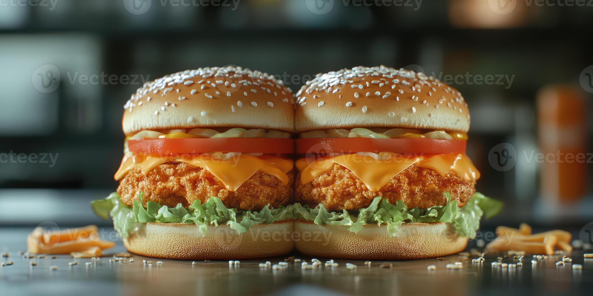 Juicy chicken sandwiches with melted cheese and fresh toppings served in a cozy diner setting photo