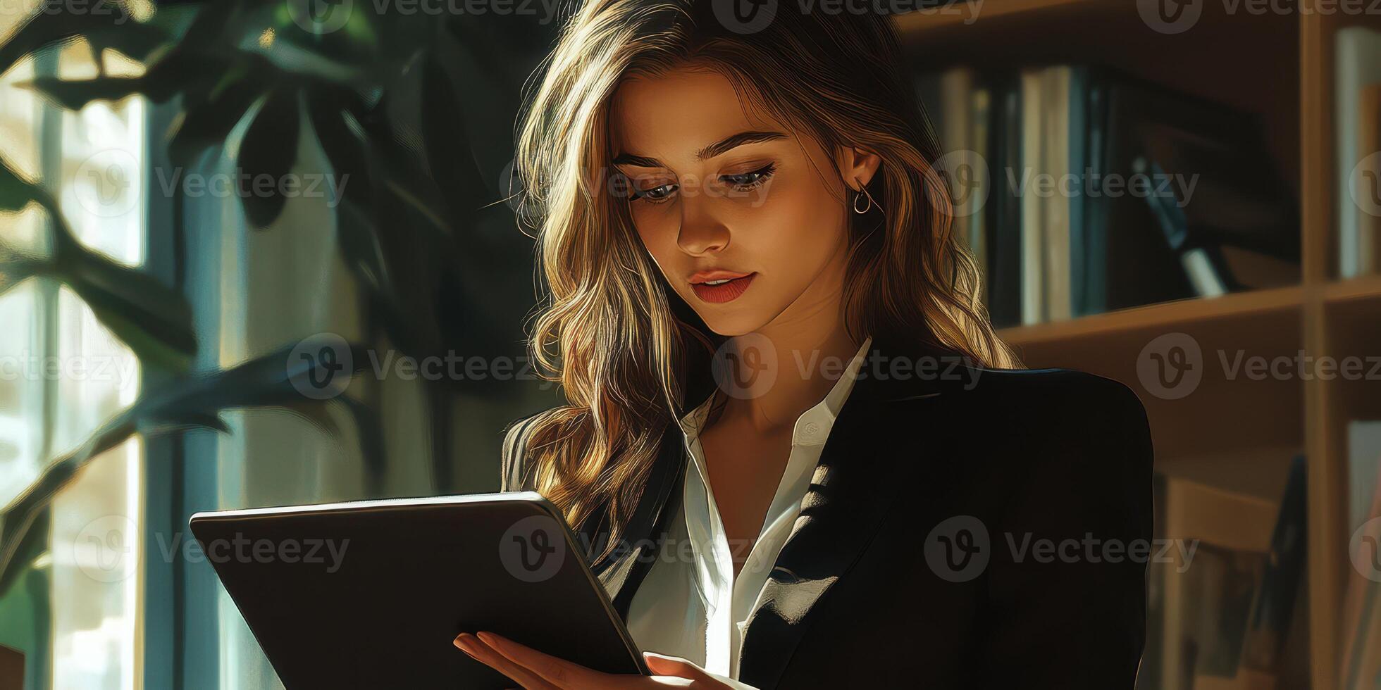 Professional woman reviewing documents on a tablet in a modern office during the afternoon photo