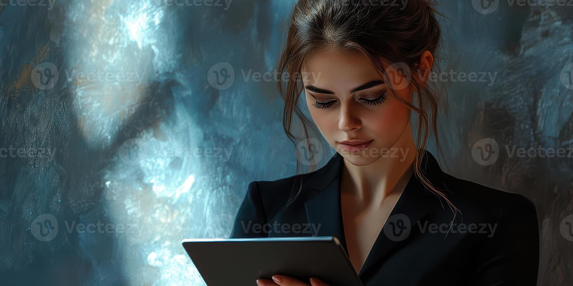 Young woman exploring digital content on a tablet in a stylish indoor setting during evening hours photo