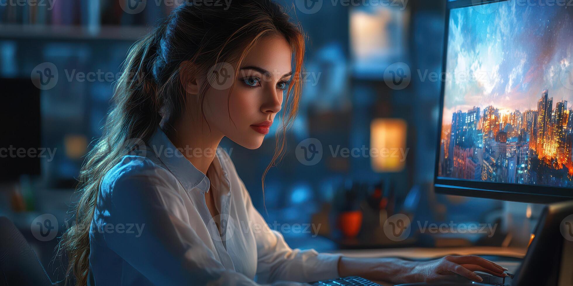 Young woman focused on computer work in a modern setting during nighttime with city lights illuminating the background photo