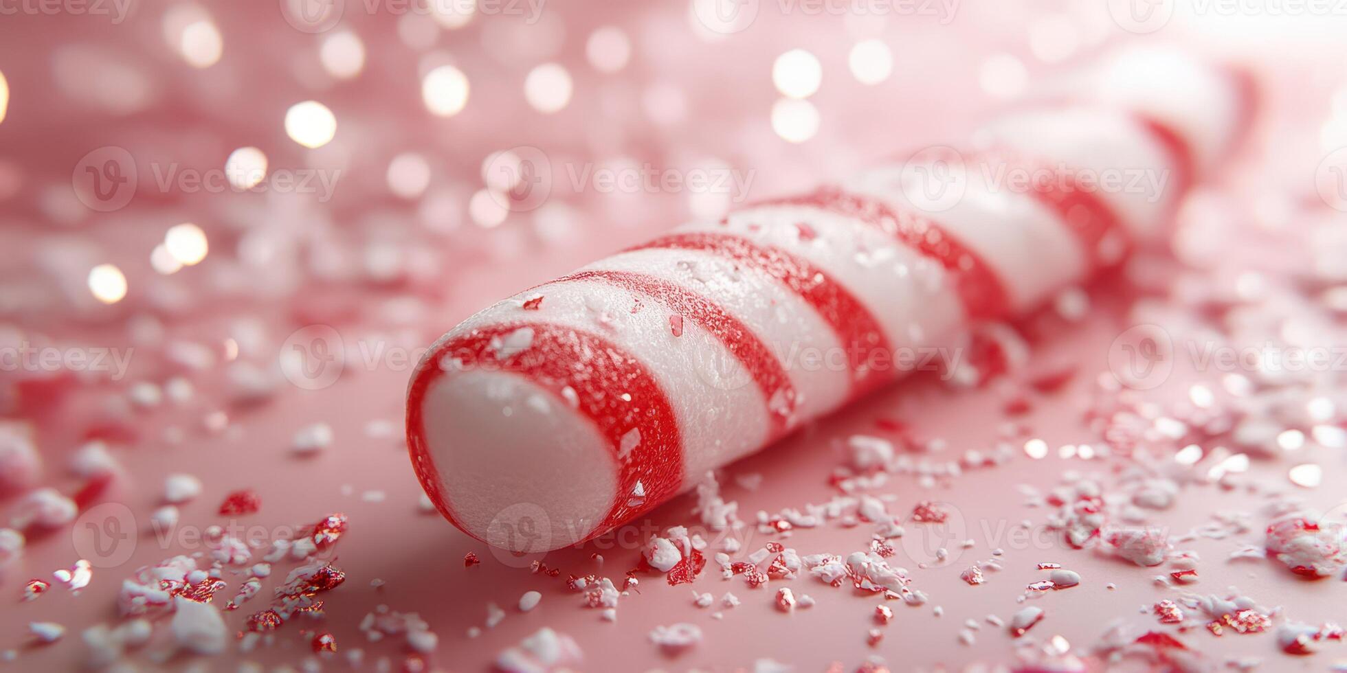 Candy cane placed on a festive background with scattered peppermint pieces and sparkling lights during the holiday season photo