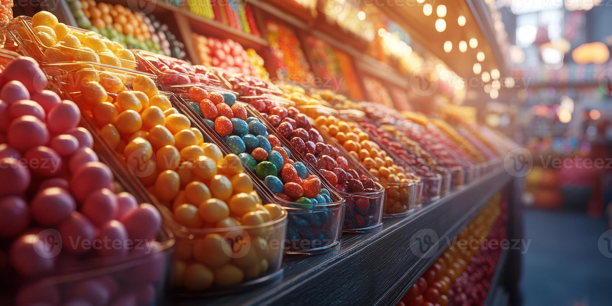 Colorful assortment of candies displayed in a vibrant candy shop during a festive atmosphere photo