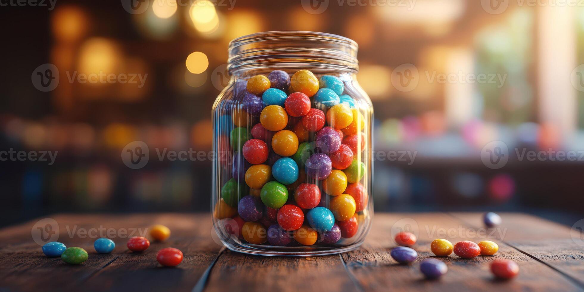Colorful candy-filled jar sitting on a rustic wooden table in a warm and inviting setting during the golden hour photo