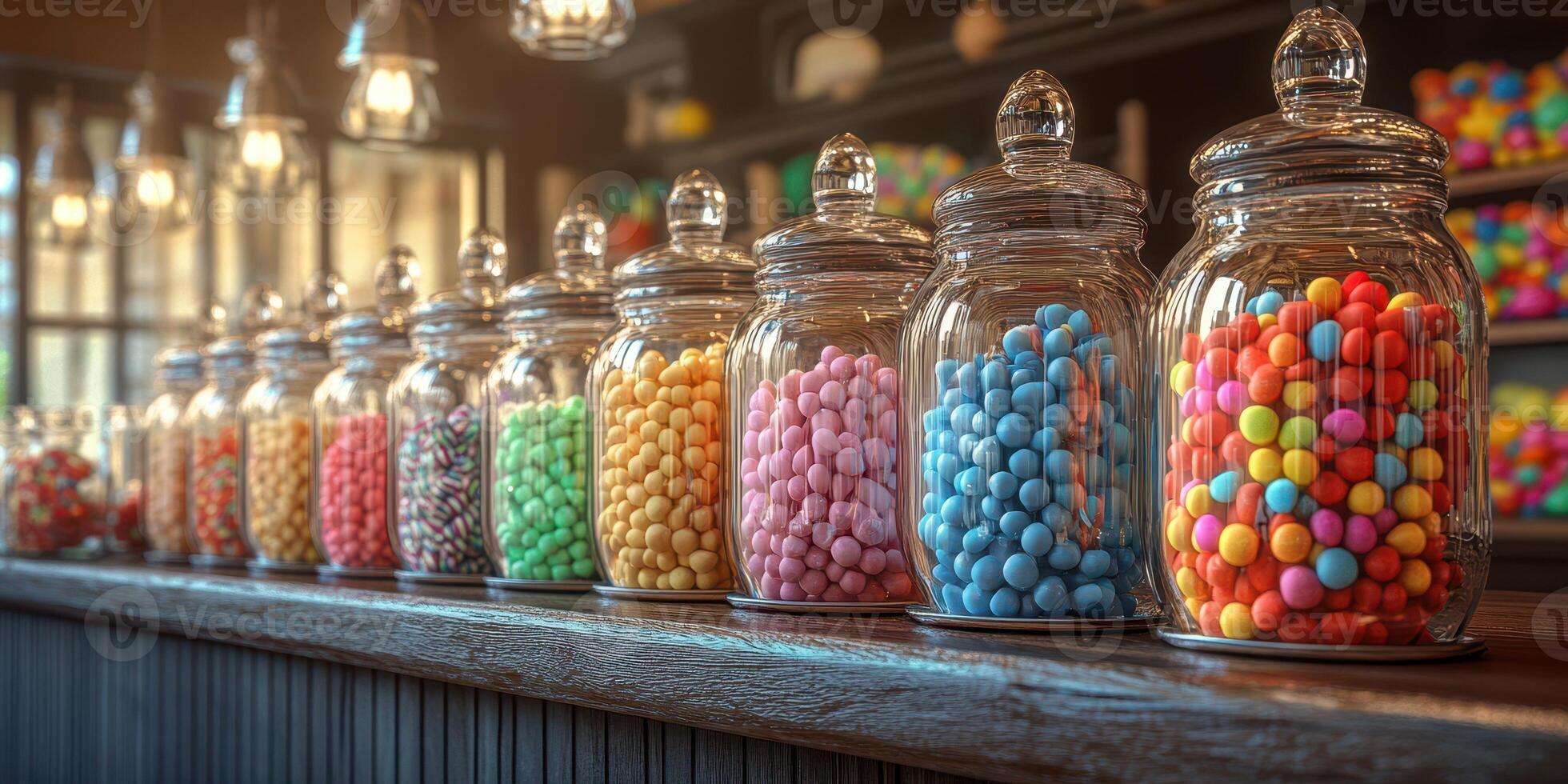 Colorful candy jars filled with various sweets displayed in a charming shop interior photo