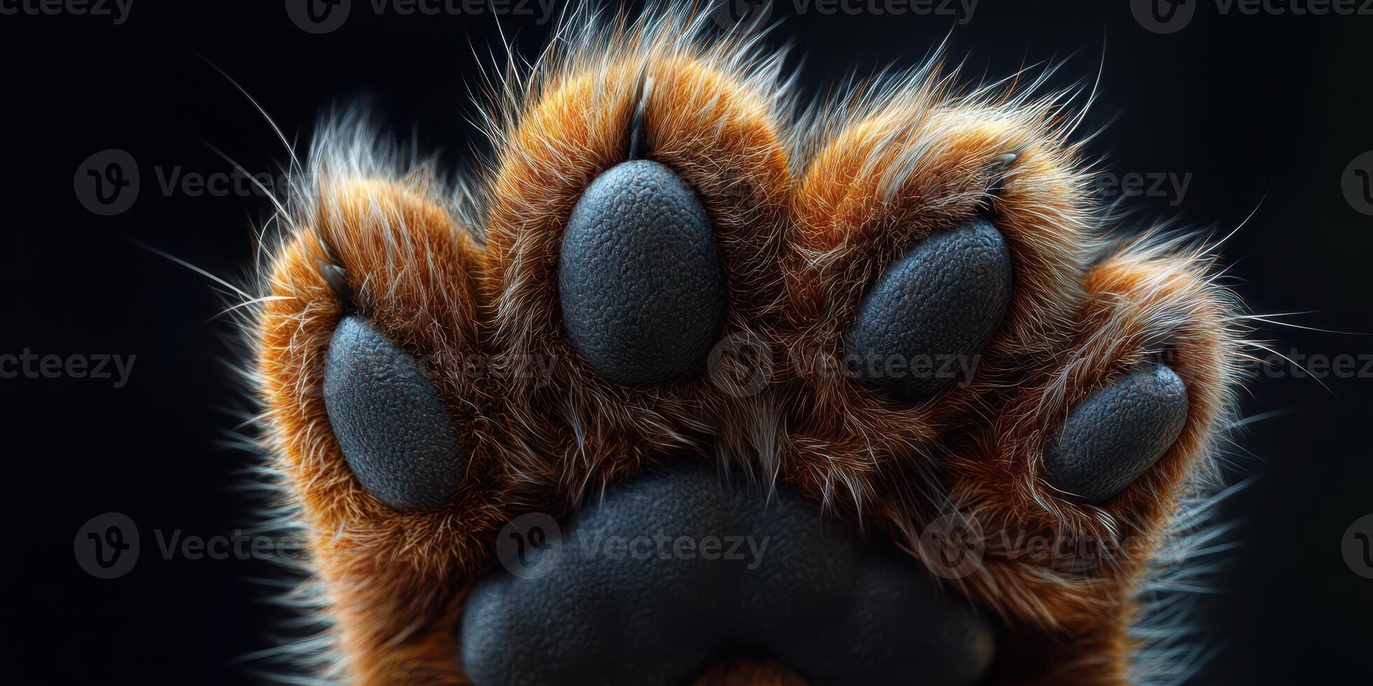 Close-up view of a dog's paw resting against a dark surface in a subtle, textured composition showcasing detail and fluffiness photo