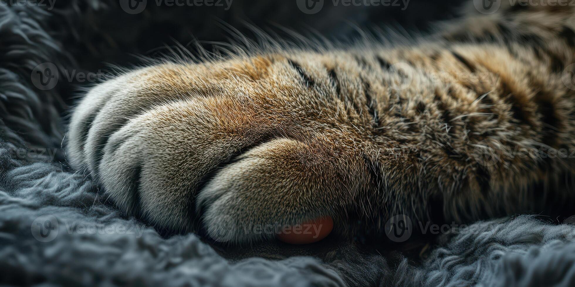 Tigers paw resting on soft surface in a relaxed moment, showcasing intricate fur patterns and strength photo