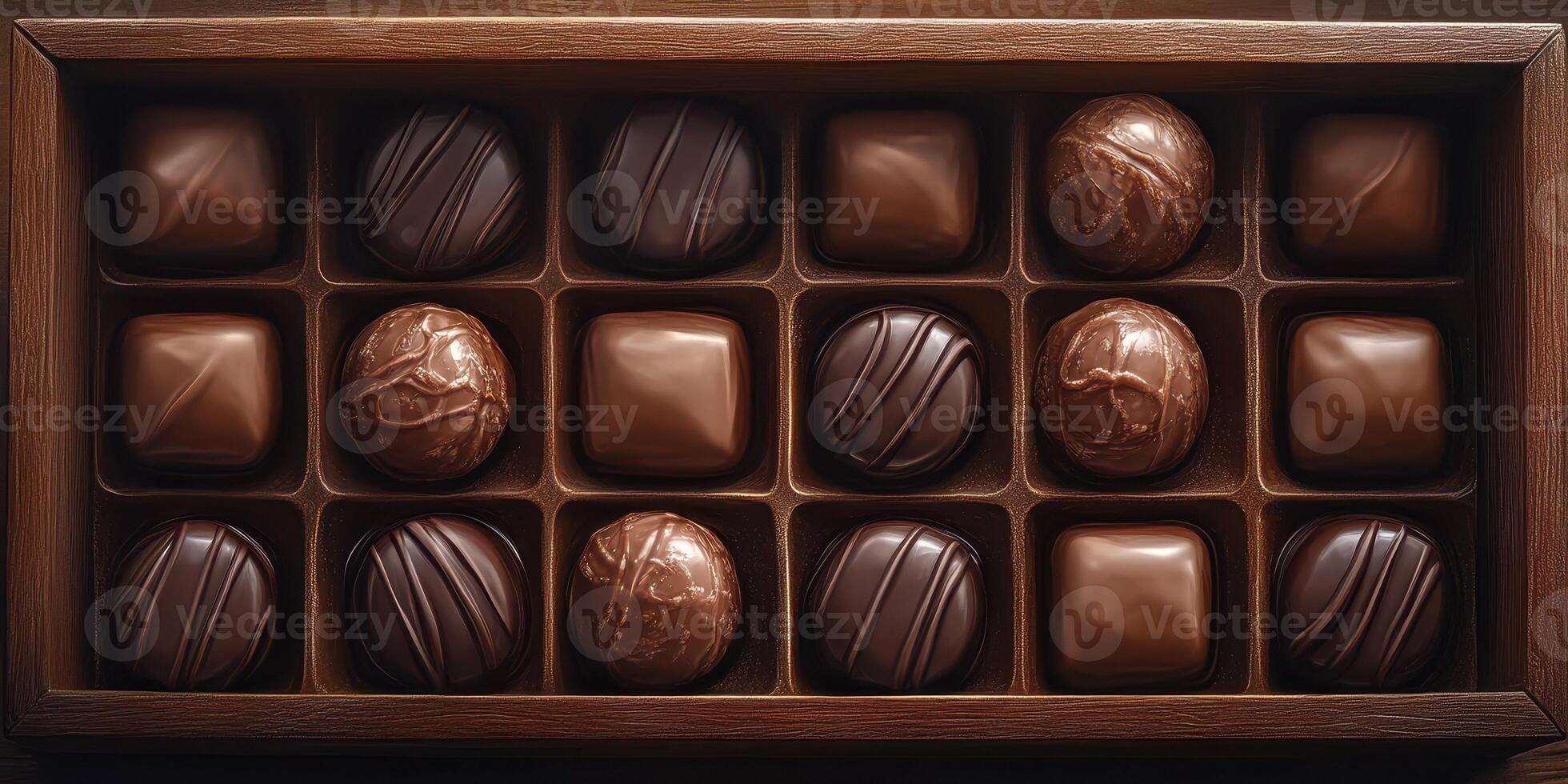 Luxurious assortment of handcrafted chocolates displayed in a wooden box photo