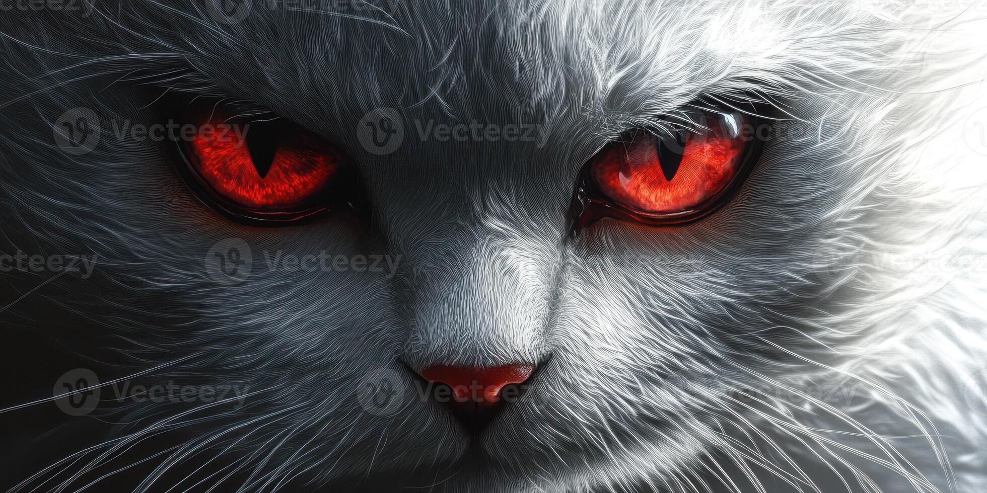 Mysterious white cat with striking red eyes stares intensely in a dark environment photo