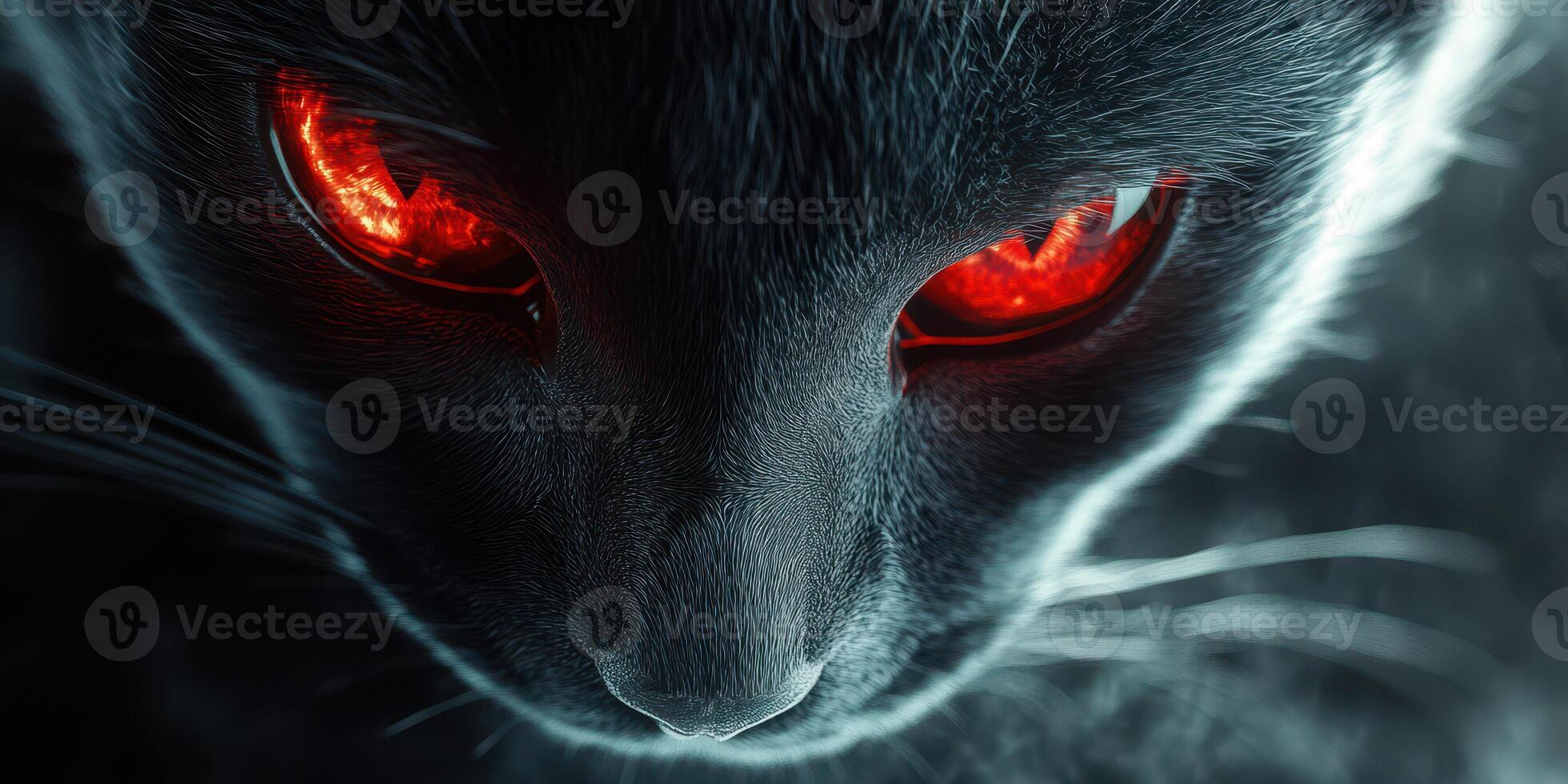 Mysterious black cat with glowing red eyes in a dark setting evokes an eerie atmosphere at night photo