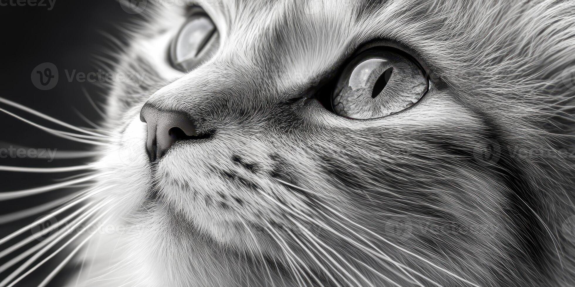 Close-up view of a fluffy cat gazing upwards in black and white lighting photo