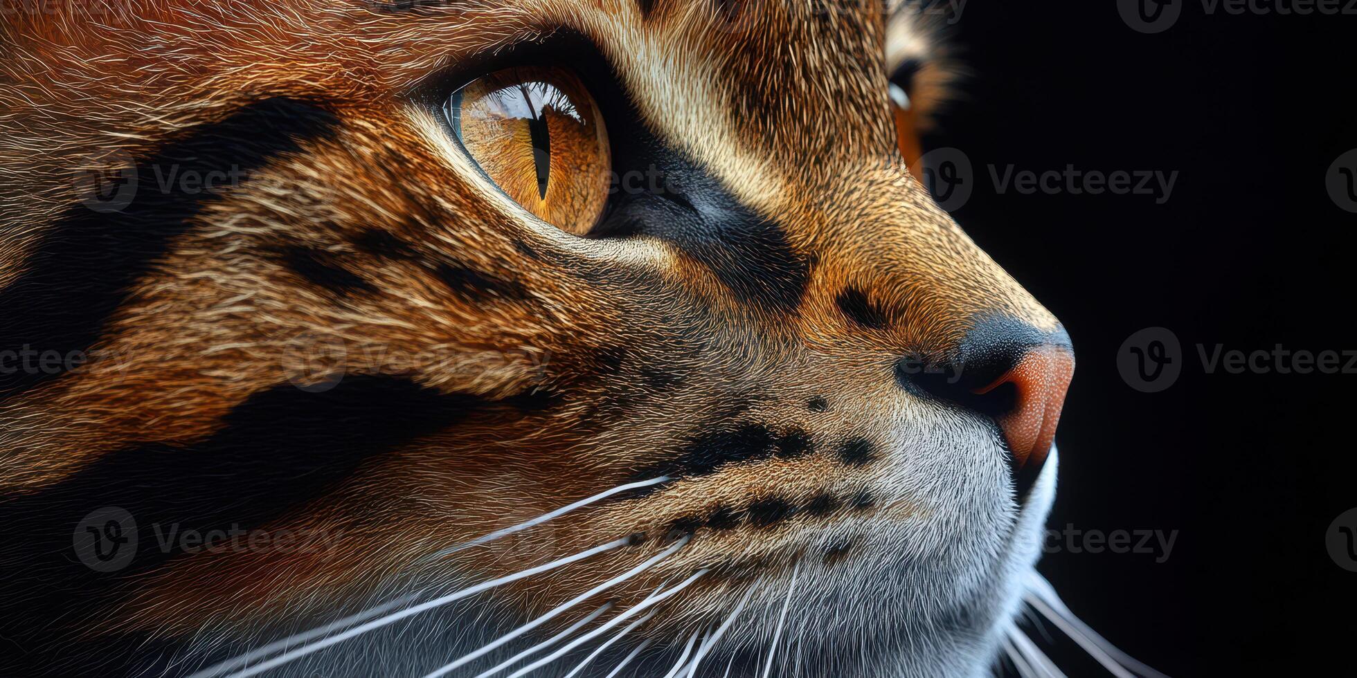 Close-up of a domestic cat with striking fur pattern and vivid eyes against a dark background during the evening photo