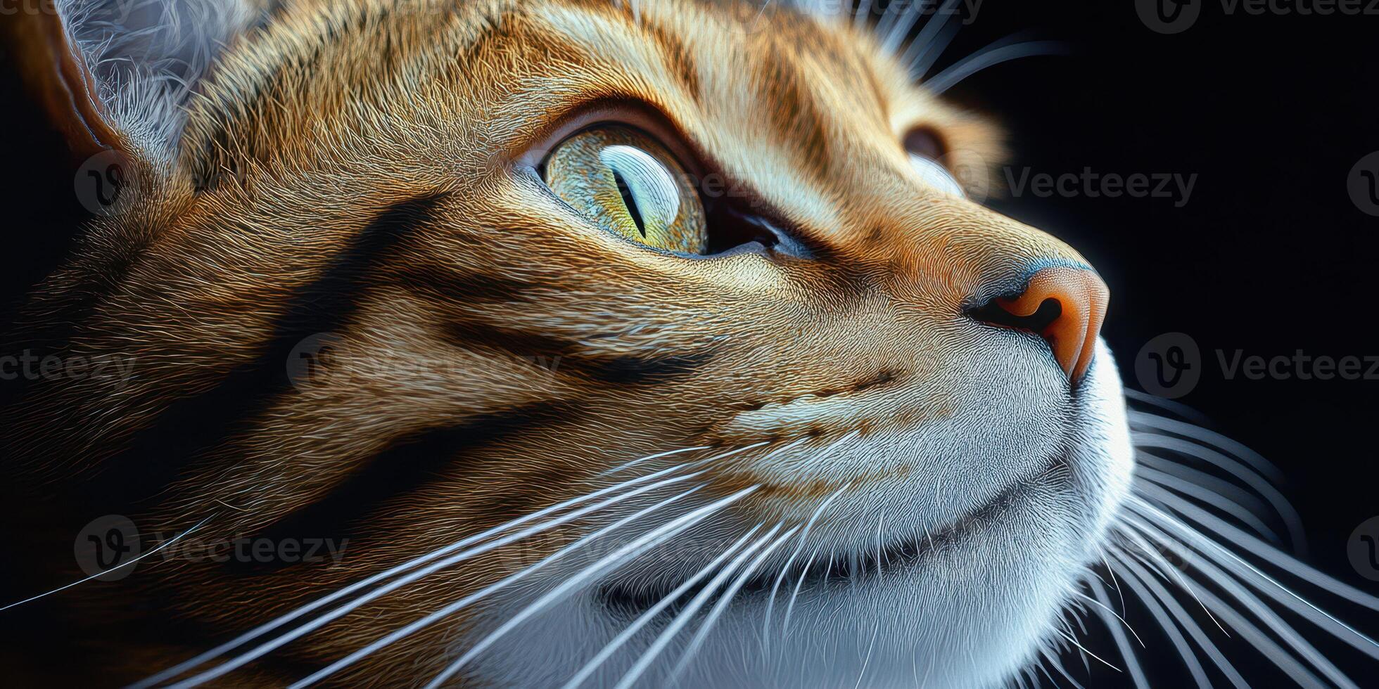 Close-up of a light brown tiger with vivid eyes gazing upward against a dark background showcasing its features in detail photo