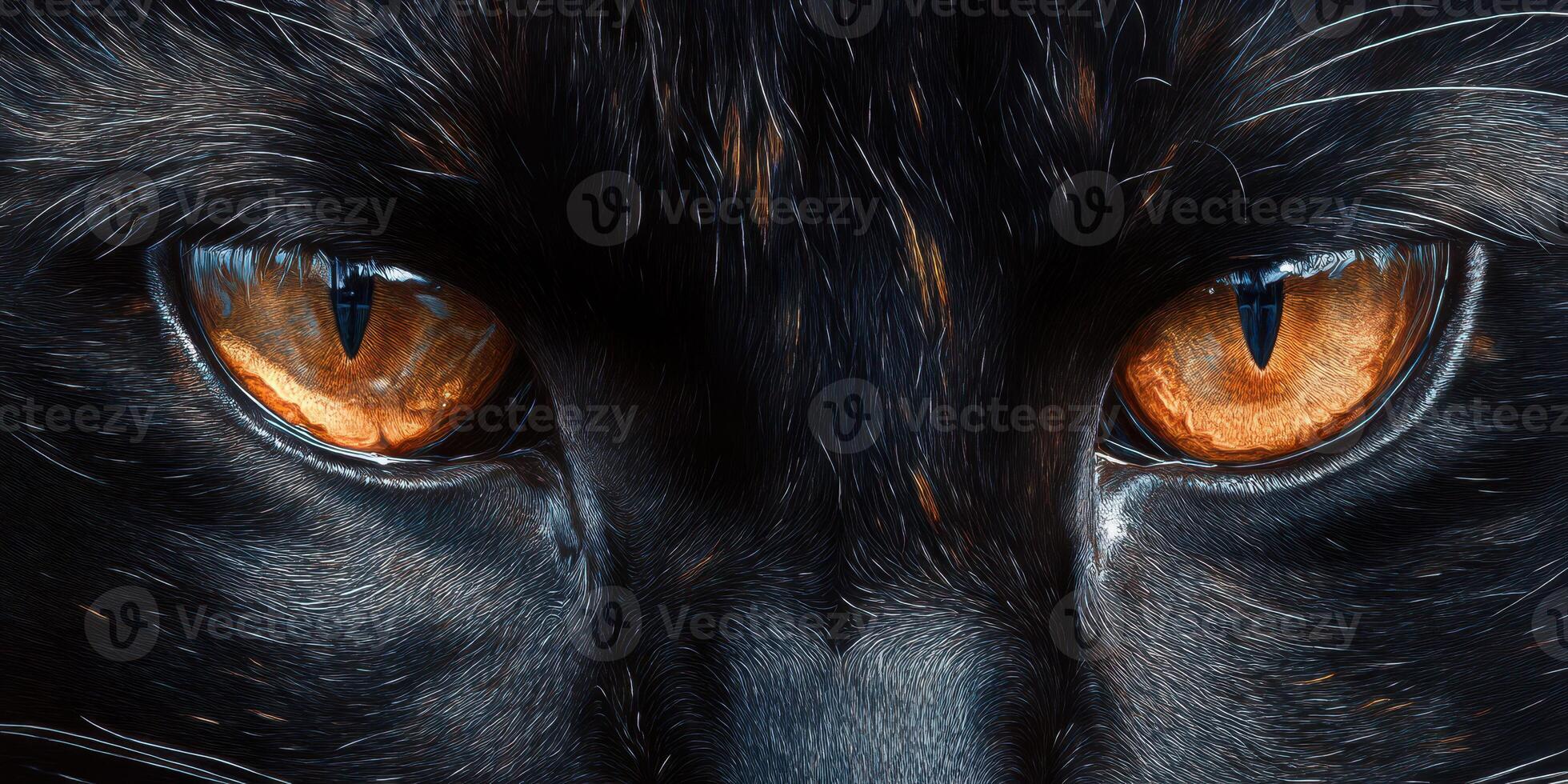 Close-up view of a black cat's striking orange eyes showcasing beautiful fur details and intense gaze photo