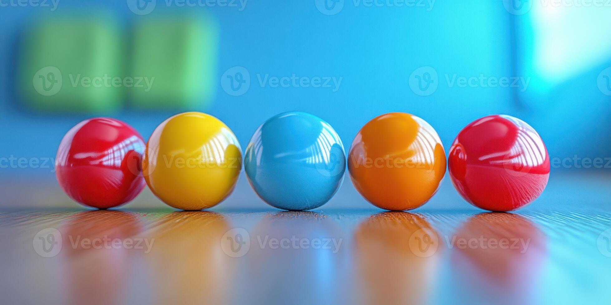 Colorful balls arranged in a line on a wooden surface with bright blue background photo