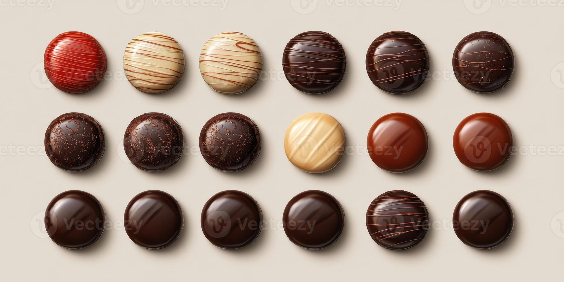 Display of assorted chocolates arranged in neat rows offering a variety of textures and colors photo