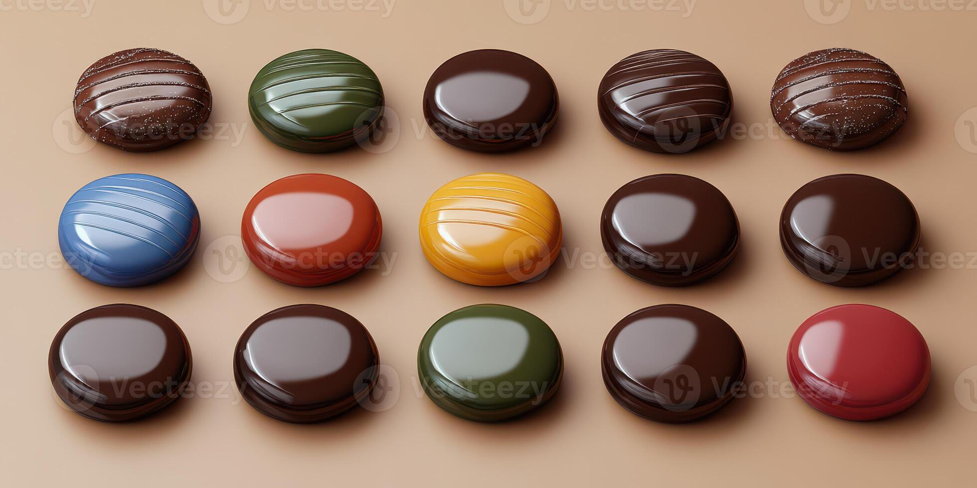 Colorful handmade chocolates arranged in an artistic pattern on a neutral background photo