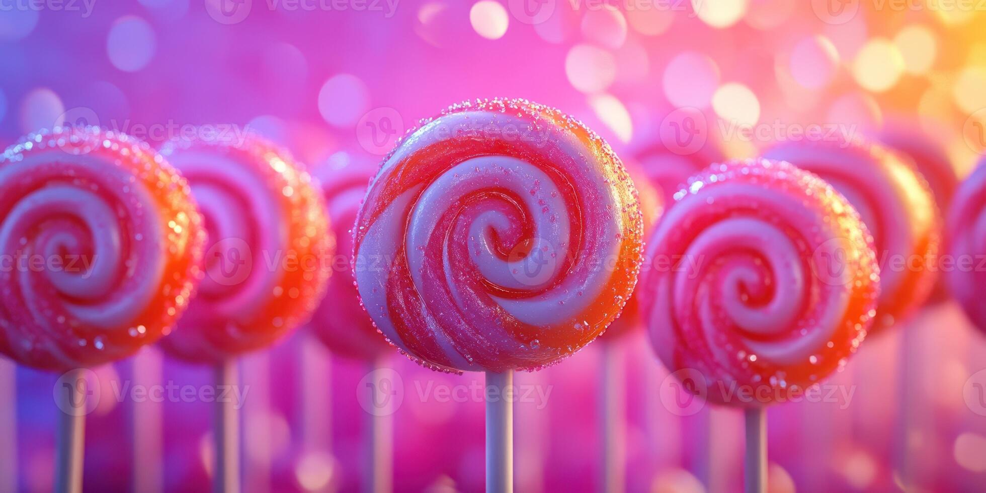 Colorful spiral lollipops arranged beautifully in a vibrant setting with sparkling background lights photo