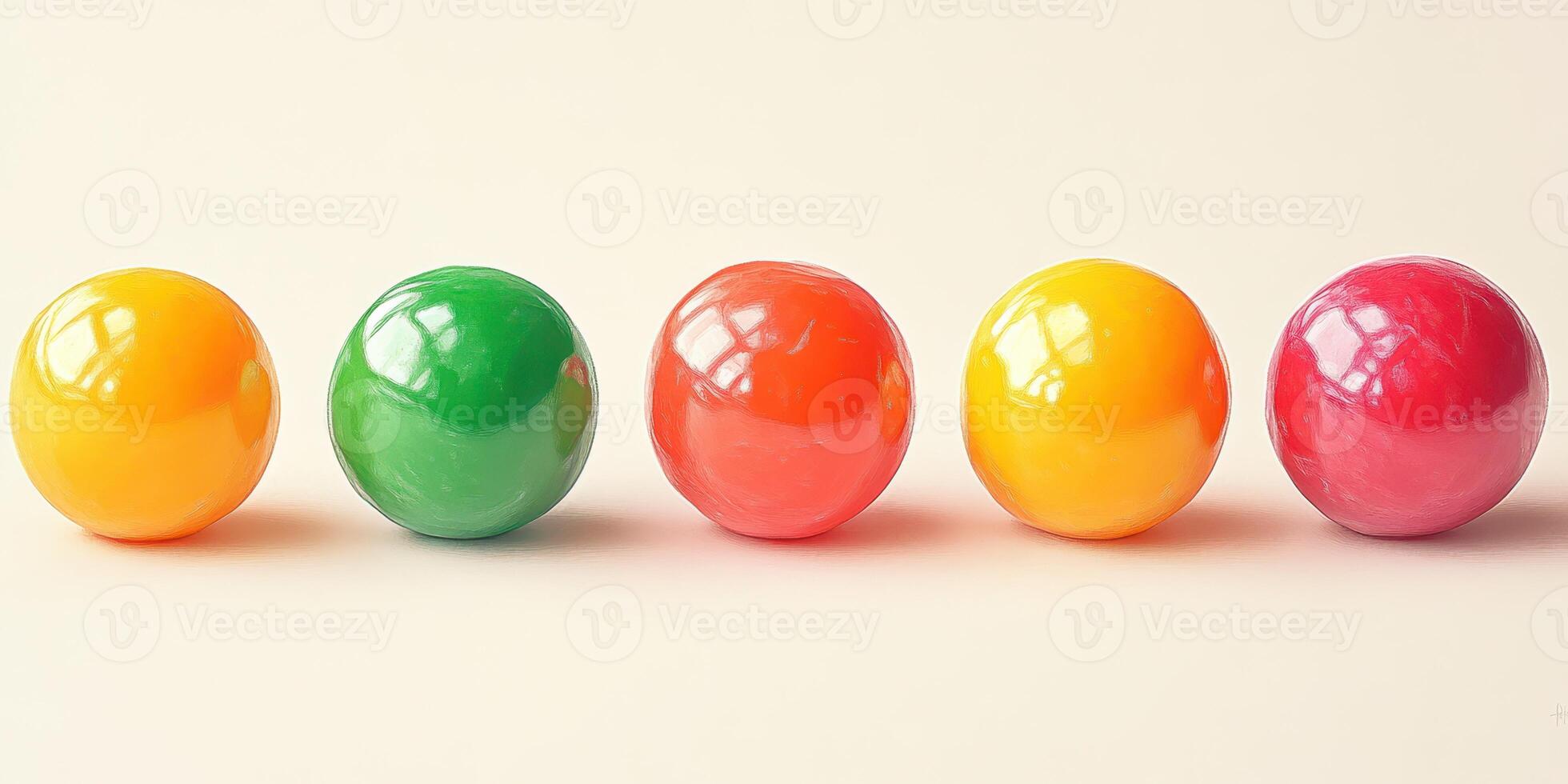Colorful round balls arranged in a line with shiny surfaces and vivid hues in a bright setting photo