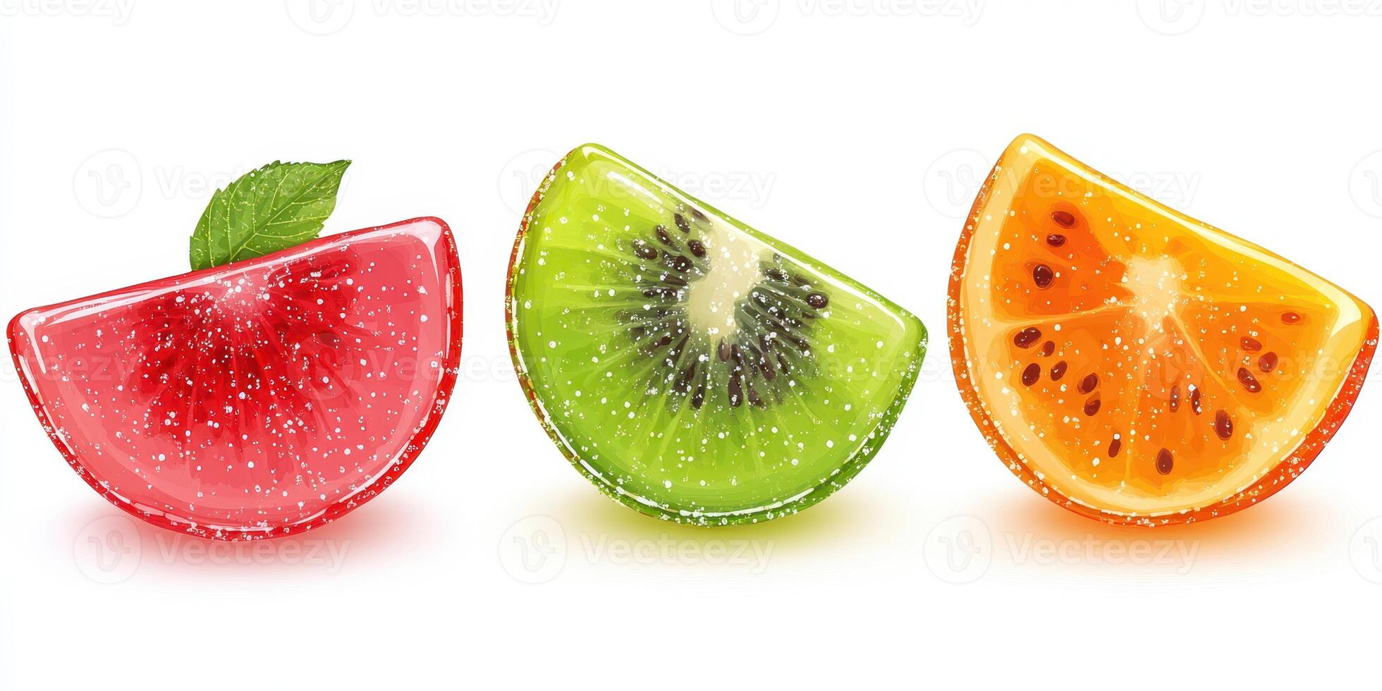 Colorful fruit-shaped gelatin candies arranged on a white background with vibrant colors and textures creating an appealing display photo