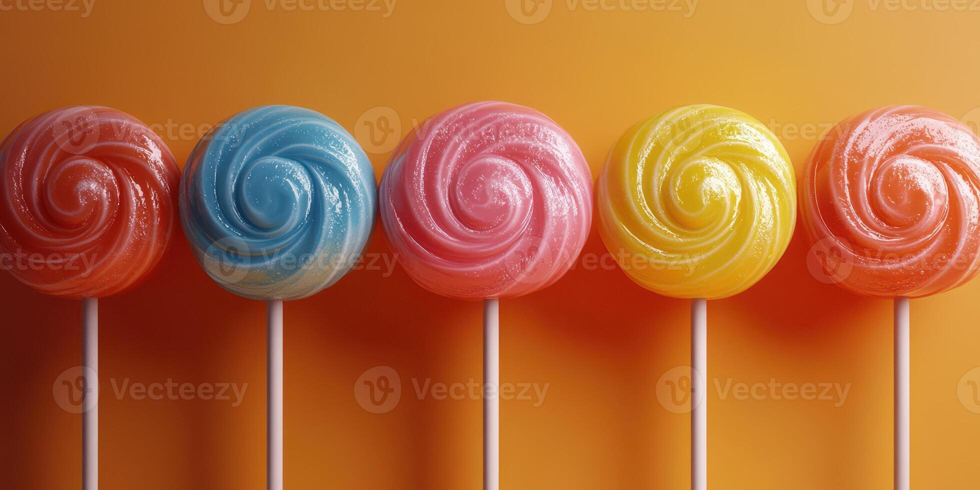 Colorful lollipops arranged in a row against a bright orange background photo