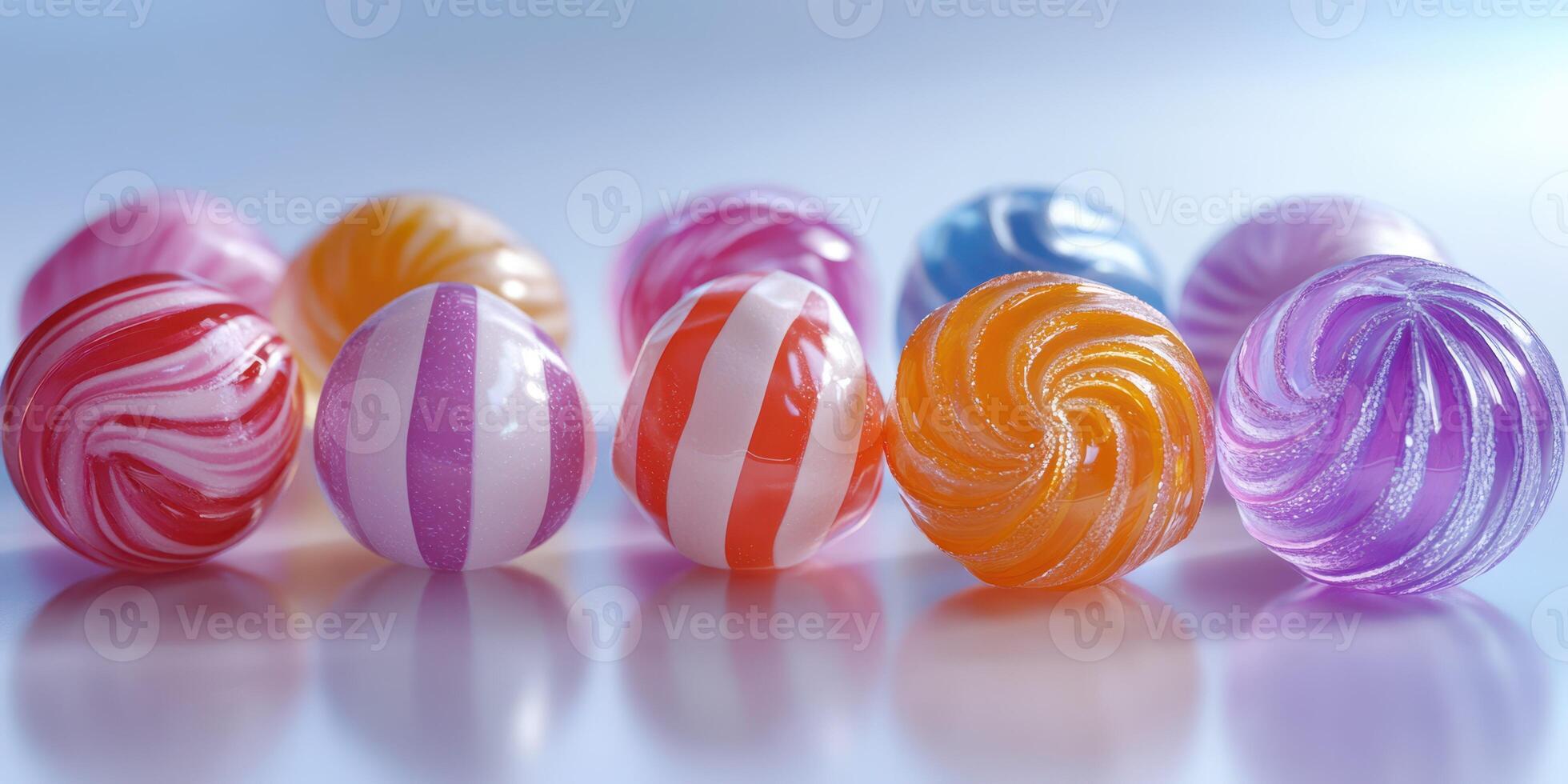 Colorful assortment of swirled candies arranged in a playful manner on a reflective surface photo