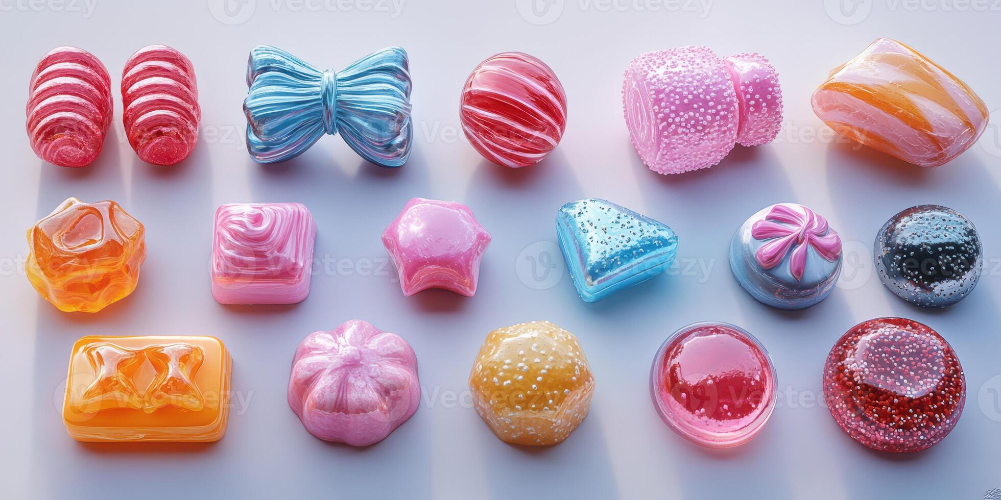 Colorful assortment of candy-shaped soap bars arranged on a light surface showcasing various designs and textures photo