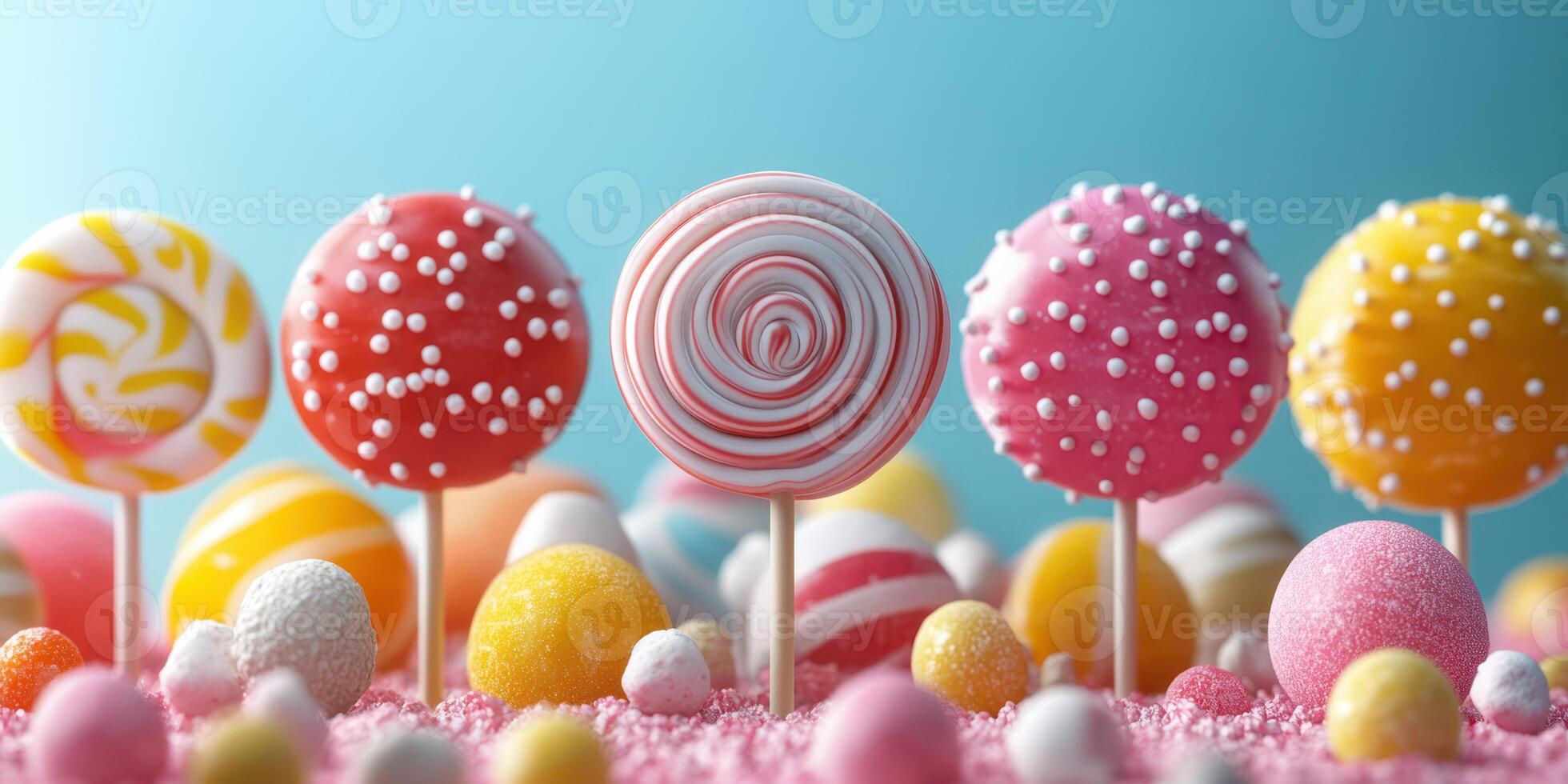 Colorful lollipops and candy display on a pastel background during a cheerful dessert event photo