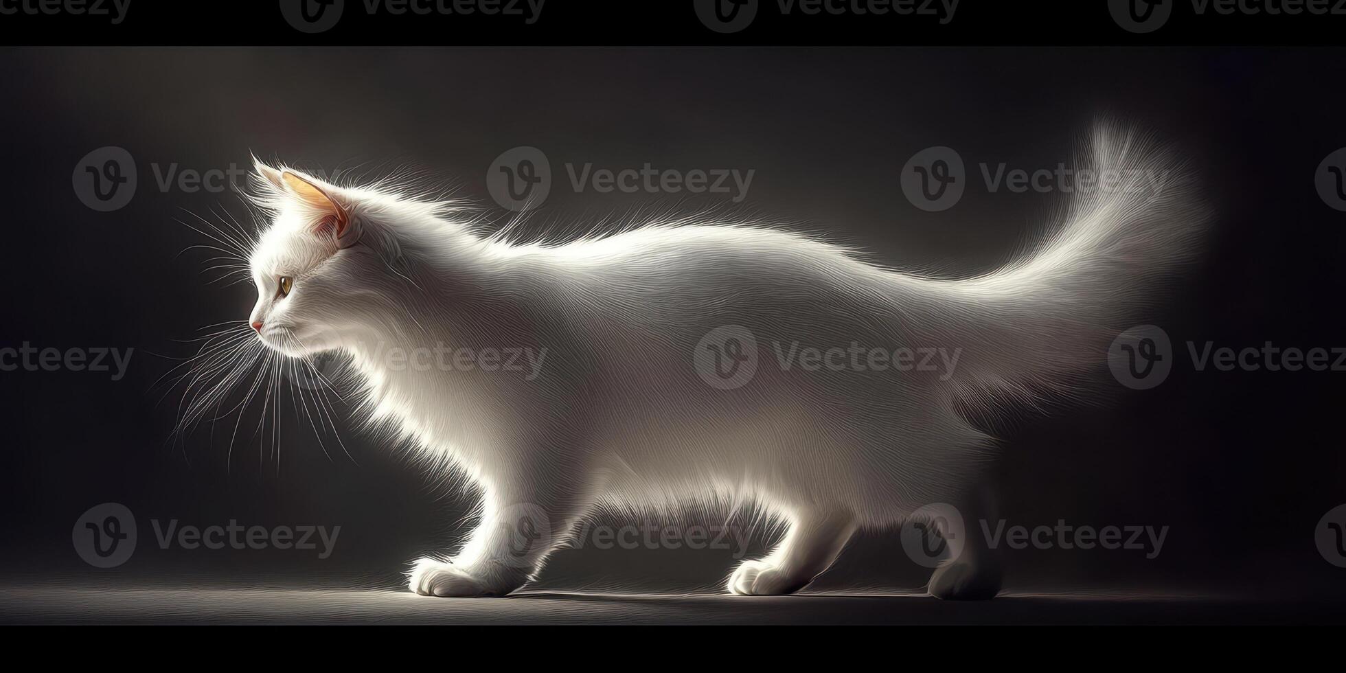 White fluffy cat walking gracefully in dim light, showcasing its ethereal fur and poised demeanor photo