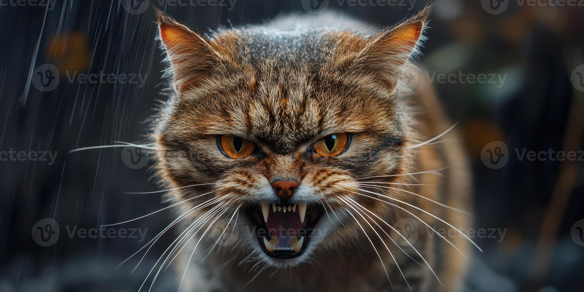 Fierce wild cat with intense expression in a dark, rainy setting, showcasing its natural habitat and survival instincts photo